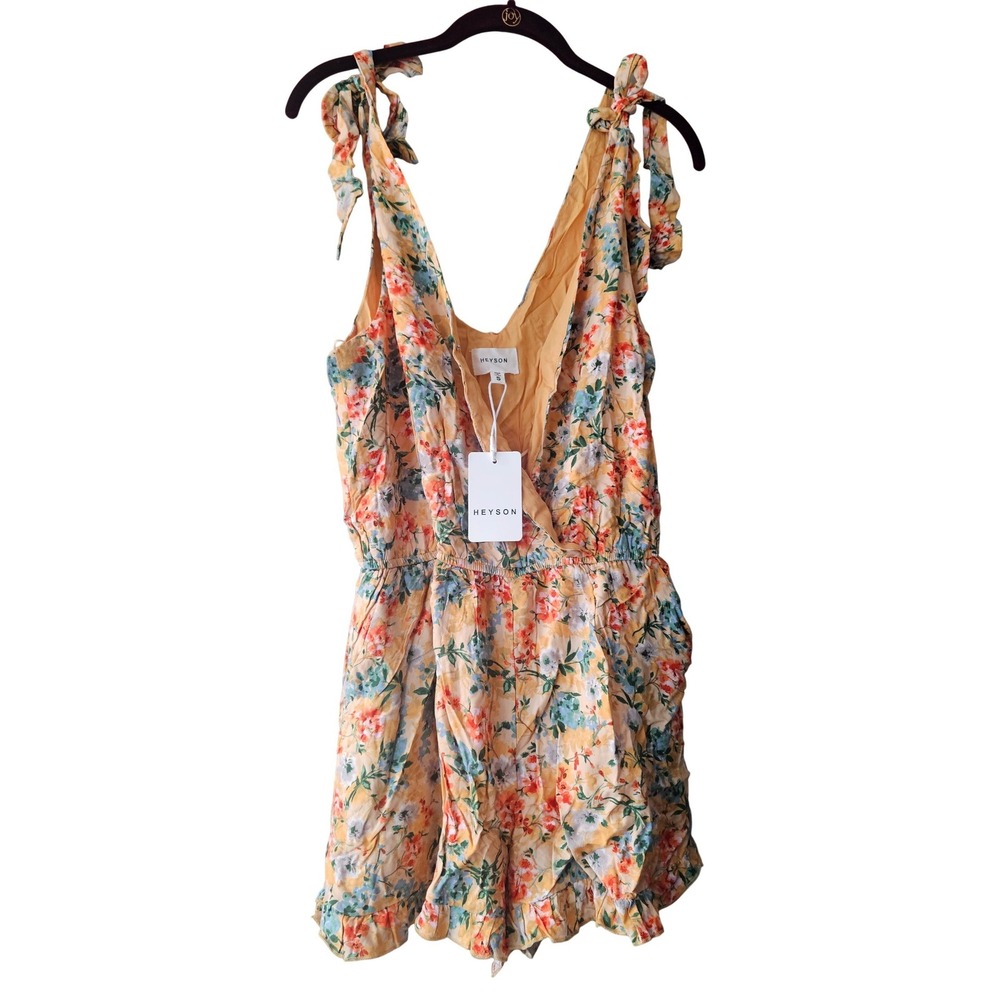 Heyson Yellow Floral Romper Womens Small Ruffle Tie‎ Shoulder Summer
